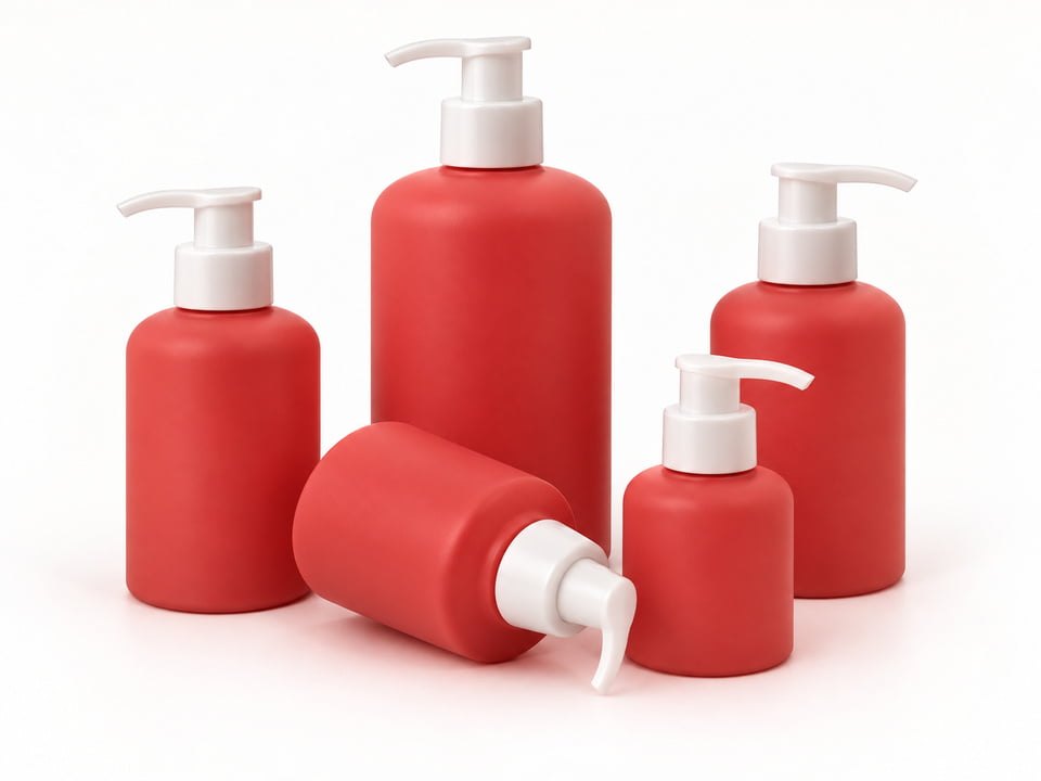 Illustration of coral-red lotion pump bottles with a satin spray-coated finish