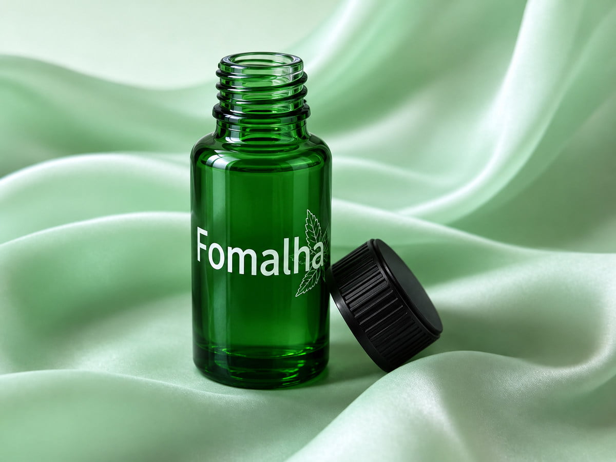 Green essential oil bottle with white silk-screen printed branding